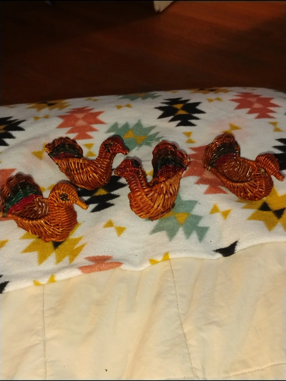 Set Of 4 Handwoven Brown Rattan Bird Toy with Colorful Tail Accent